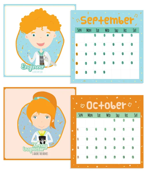 Calendario inusual para 2015 con dibujos animados y divertidas profesiones . — Vector de stock