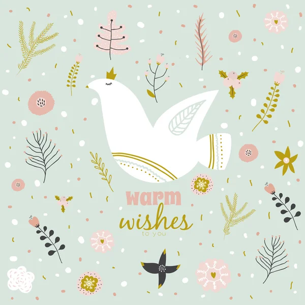Cartão de Natal com flores e pomba . — Vetor de Stock
