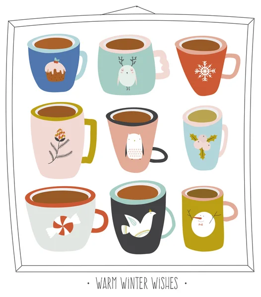 Kış kahve ve çay çıkartma — Stok Vektör