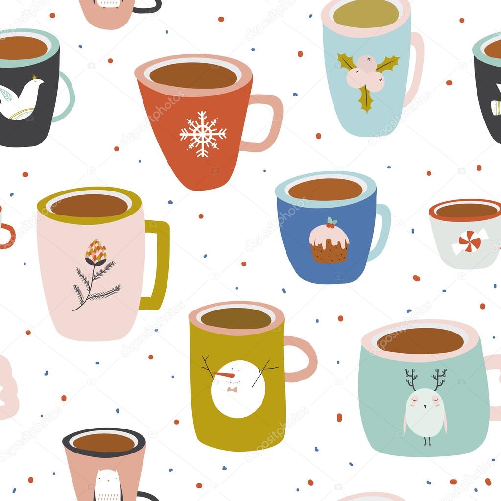 冬のコーヒーと紅茶のシームレス パターン ストックベクター C One7thlifetime