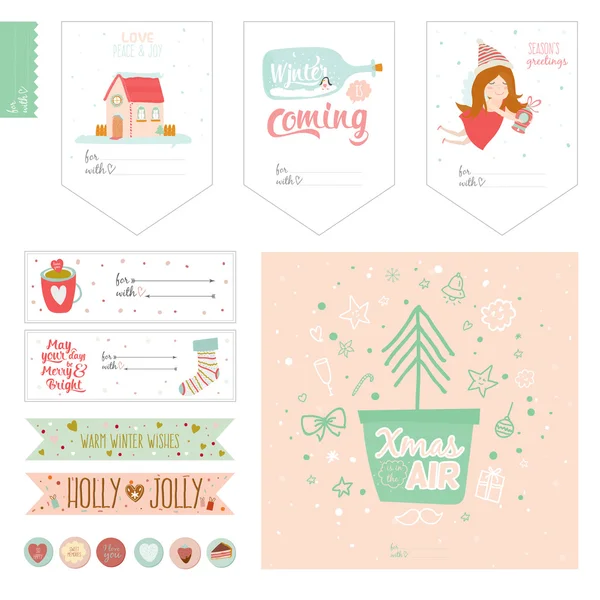 Cards with Christmas Illustrations and Wishes — Stok Vektör