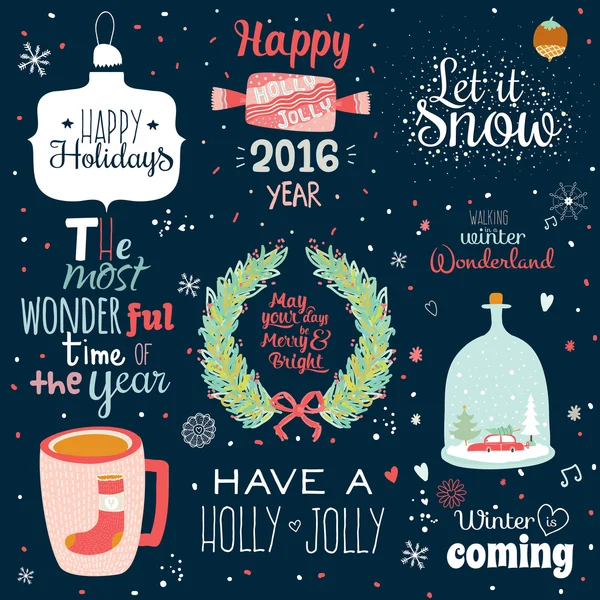 Vintage Christmas And New Year Set — Stock Vector