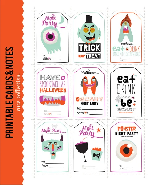 Karten mit Halloween-Abbildungen und Wünschen — Stockvektor