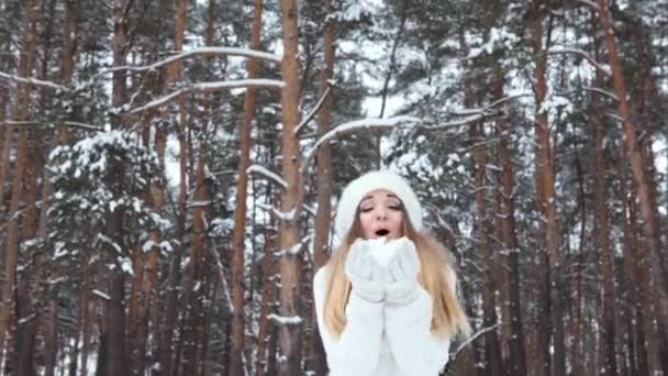 Belle Fille Soufflant Jetant Neige Dans Forêt Hiver — Video