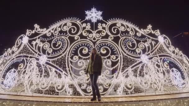 Schönes Mädchen steht im neuen Jahr vor der Weihnachtsbeleuchtung Stock-Filmmaterial