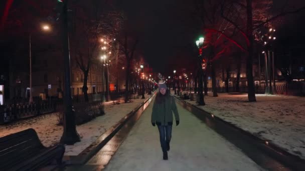 Hermosa joven feliz camina en el parque en Navidad. paseo romántico — Vídeos de Stock