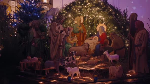 Utomhus jul nyår fotografering plats dekoration jul Födelsekyrkan scen — Stockvideo