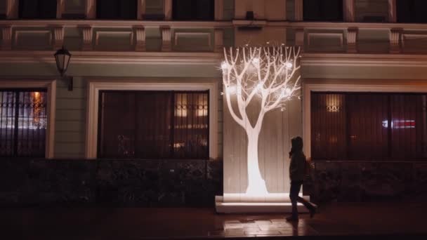 Design minimalista del nuovo anno. Alberi decorati luminosi a marciapiede — Video Stock