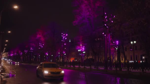 Widok nocny ulicy przez oświetlone dekoracje Boże Narodzenie i Nowy Rok — Wideo stockowe