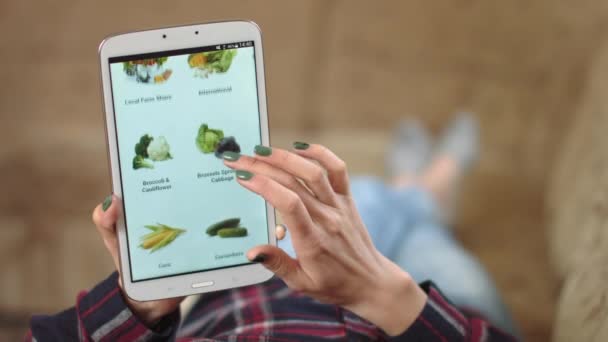 Mujer en casa tumbada en el sofá en la sala de estar con Smartphone compra en la tienda de Internet. Woman Orders Food Home In An Online Store Using a Smartphone. Mujer selecciona verduras en tienda online de comestibles. POV — Vídeo de stock