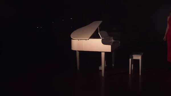 Uma jovem menina bonita em um vestido vermelho se aproxima do piano branco e se senta. Connet de música clássica. Salão atmosfera romântica cheio de fumaça — Fotografia de Stock