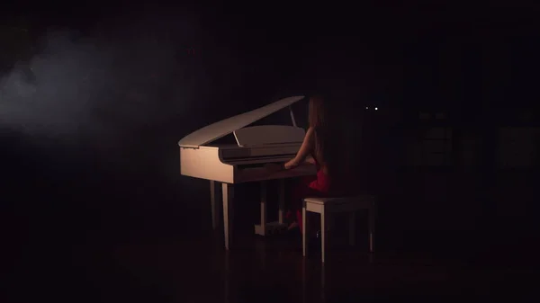 Pianiste joue beau piano à queue blanc sur scène en concert. Vue du dos.Jeune belle fille en robe rouge et joue du piano dans une pièce noire avec une légère sensation de fumée Photos De Stock Libres De Droits