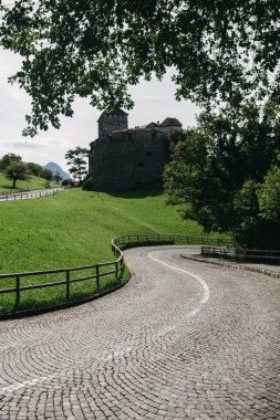 Vaduz Şatosu Schloss Vaduz Alpler, Vaduz, Lihtenştayn 'ın altında. Uzun pozlama. Ön planda Avusturya kaldırım taşları olan bir yol var. Güzel güneşli bir yaz gününün fotoğrafı.