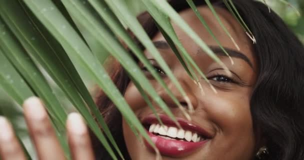 Лицо красивой девушки афроамериканки с зелеными листьями цветов и растений. Естественная косметика и кожа. Экзотический цветок. Реклама перфума. — стоковое видео