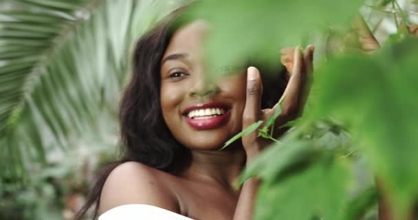 Beautiful smiling confident young african american ethnic woman beautiful face looking at camera, posing alone in nature, happy millennium african ethnicity girl student professional close up front — 图库视频影像