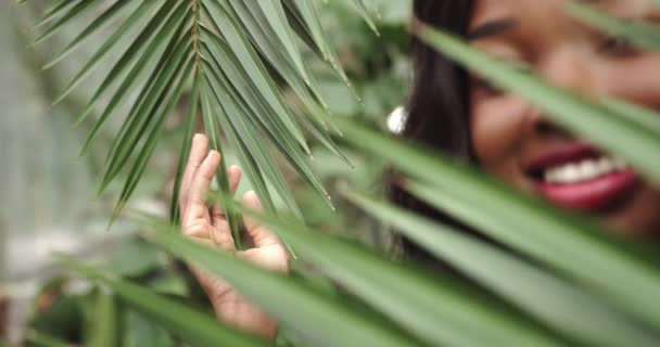 Rosto de menina jovem com pele lisa limpa e pequeno ramo em mãos. Cosméticos naturais e orgânicos, cuidados com a pele, shampoo. Maquilhagem natural. A rapariga tem folhas na bochecha. Abre os olhos. Cabelo molhado — Vídeo de Stock