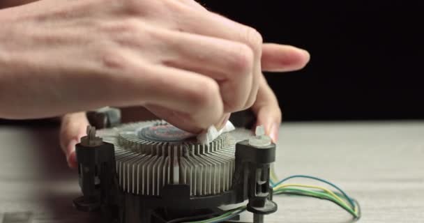 Close-up of thermal paste on the CPU cooling system. CPU cooling system thermal grease close-up macro studio shot. Removing thermal paste with cotton from heatsink. — Stock Video