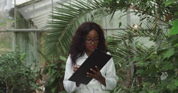 Biológus vagy tudós afro-amerikai nő, aki botanikus kertben dolgozik. Fogott egy füzetet, és megmutatta a kamerának. A környezetvédelem fogalma. A természet és a biológiai folyamatok tanulmányozása — Stock videók