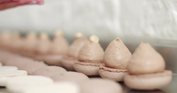Detailní záběr ženských rukou dávat lískové oříšky na ganache krém na karamelové makarony skořápky na stole. Makarónová koncepce pečení. Vaření, jídlo a pečení. Koncept cukrářství a pečení — Stock video