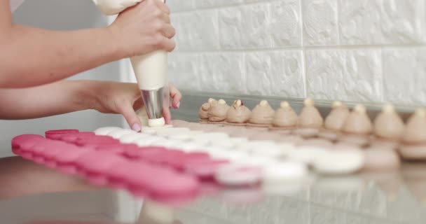 Concepto de cocina, comida y horneado: bolsa de confitería o inyector que exprime la crema para rellenar las cáscaras de los macarrones en la pastelería. Chef con el bolso de la confitería que aprieta el relleno de la crema a las cáscaras de Macarons — Vídeo de stock