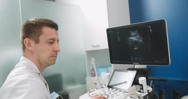 Medico specialista della fertilità utilizza apparecchiature a ultrasuoni durante il controllo donna incinta. Test prenatale con ultrasuoni. Dottore che fa ecografia 3D sulla pancia in clinica. Processo di ultrasonografia fetale — Video Stock