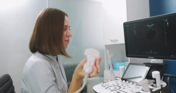 매력적 인 전문 여성 의사가 클리닉에서 임산부 뱃속 에서 3d 초음파로 웃고 있어. 임신 한 여성에게 울트라 사운드. 의사는 굴레에 젤을 바르고 — 비디오