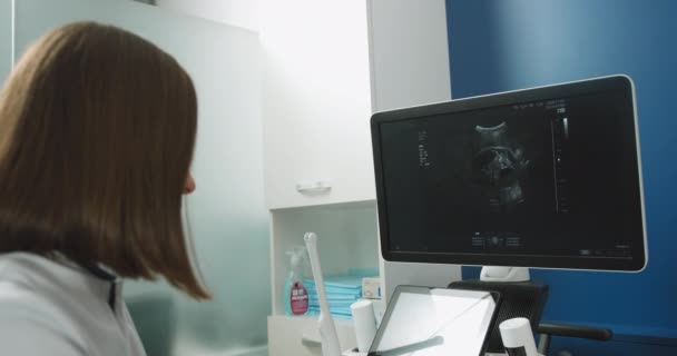 À l'hôpital, une femme enceinte reçoit une échographie, un dépistage par ultrasons, un balayage, un obstétricien vérifie l'image du bébé en santé à l'écran de l'ordinateur. — Video