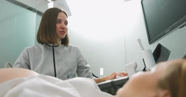 매력적 인 전문 여성 의사가 클리닉에서 임산부 뱃속 에서 3d 초음파로 웃고 있어. 임신 한 여성에게 울트라 사운드. 상담하는 여자, 환자 와대화하는 일 — 비디오