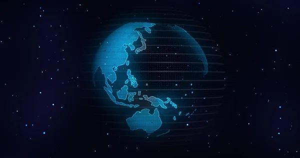グローバルコミュニケーションの概念、ノードで回転する地球青い大理石。地球回転アニメーション社会の未来技術概要。そして線の接続。未来的かつ技術的な概念. — ストック写真