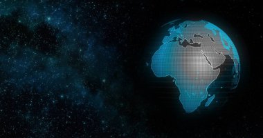 Görünür Toprak Mavi Mermer Dijital Bulutlar Dünya 'yı döndüren sosyal gelecek teknolojisi soyut 3D görüntüleme. Galaksi. Dünya 'nın uzayda hareketi. Klip uzayı, gezegeni, yıldızları, evreni içerir
