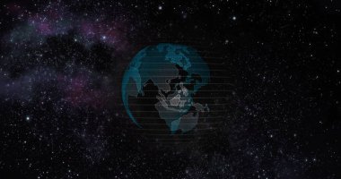 Büyük veri 3D Dünya. Dünyayı çevreleyen ikili kod. Retro dijital dünya. Dijital veri küresi, Dünya 'yı çevreleyen veri ağının soyut üç boyutlu yansıması. Dış uzaydan Dünya Görünümü