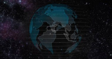 Büyük veri 3D Dünya. Dünyayı çevreleyen ikili kod. Retro dijital dünya. Dijital veri küresi, Dünya 'yı çevreleyen veri ağının soyut üç boyutlu yansıması. Dış uzaydan Dünya Görünümü