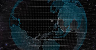 Büyük veri 3D Dünya. Dünyayı çevreleyen ikili kod. Retro dijital dünya. Dijital veri küresi, Dünya 'yı çevreleyen veri ağının soyut üç boyutlu yansıması. Dış uzaydan Dünya Görünümü