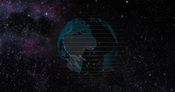 宇宙からの地球の眺め。ビッグデータ3D地球。地球を周回するバイナリコード。レトロなデジタルアース。デジタルデータグローバル、地球を取り巻くデータネットワークの抽象的な3Dレンダリング. — ストック写真