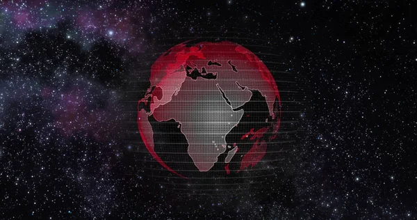 Il concetto di riscaldamento globale della Terra rossa. Big data 3d Terra. Codice binario che circonda il globo in rotazione. Terra retrò digitale. Globo di dati digitali, rendering 3D astratto della rete di dati che circonda il pianeta terra. — Foto Stock