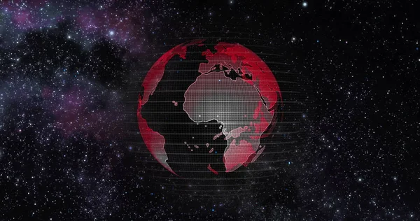 地球温暖化の赤い地球の概念。ビッグデータ3D地球。地球を周回するバイナリコード。レトロなデジタルアース。デジタルデータグローバル、地球を取り巻くデータネットワークの抽象的な3Dレンダリング. — ストック写真