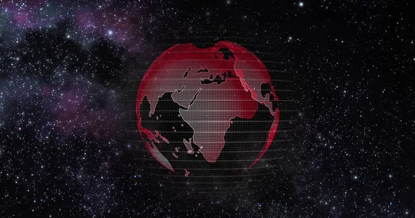 地球温暖化の赤い地球の概念。ビッグデータ3D地球。地球を周回するバイナリコード。レトロなデジタルアース。デジタルデータグローバル、地球を取り巻くデータネットワークの抽象的な3Dレンダリング. — ストック写真