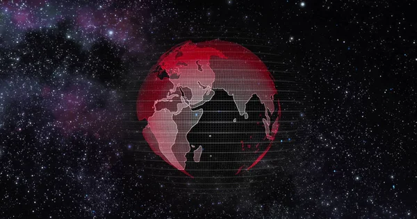 《红土全球变暖概念》。大数据3D地球。围绕着地球旋转的二进制代码。复古数字地球。数字数据球，环绕地球的数据网络的抽象三维渲染. — 图库照片