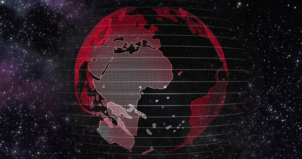 Red Earth Konzept der globalen Erwärmung. Big Data 3D Erde. Binärcode, der den Globus umgibt, rotiert. Retro digitale Erde. Digitaler Datenglobus, abstraktes 3D-Rendering von Datennetzen rund um den Planeten Erde. — Stockfoto