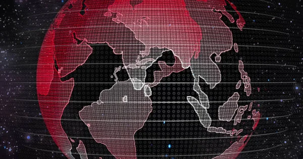 Il concetto di riscaldamento globale della Terra rossa. Big data 3d Terra. Codice binario che circonda il globo in rotazione. Terra retrò digitale. Globo di dati digitali, rendering 3D astratto della rete di dati che circonda il pianeta terra. — Foto Stock