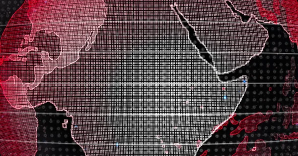 Il concetto di riscaldamento globale della Terra rossa. Big data 3d Terra. Codice binario che circonda il globo in rotazione. Terra retrò digitale. Globo di dati digitali, rendering 3D astratto della rete di dati che circonda il pianeta terra. — Foto Stock