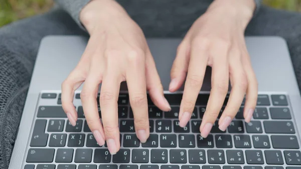 Hands Typing On Laptop Keyboard.Freelancer Internet Online Meeting Webinar.Woman Freelance With Computer Outdoors.Study Online Work Typing Email.Businesswoman Remote Working In Internet Distance Job.