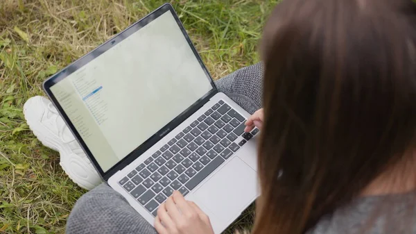 Top View Girl työskentelee kannettavan kadulla istuu nurmikolla. Tyttö opiskelija tai Freelancer valmistelee työtä, lajittelee tiedostoja tietokoneella, työskennellä etänä kotoa ja toimistosta. Käsien kirjoitusnäppäimistö — kuvapankkivalokuva