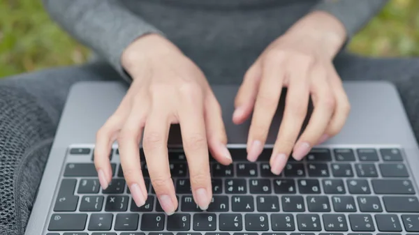 Hands Typing On Laptop Keyboard.Freelancer Internet Online Meeting Webinar.Woman Freelance With Computer Outdoors.Study Online Work Typing Email.Businesswoman Remote Working In Internet Distance Job.