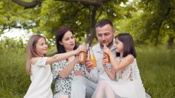 Padre sonriente, madre y dos hijas lindas que beben jugo fresco en el jardín verde mientras hacen un picnic de verano. Concepto de familia, ocio y relajación. Familia con dos niños bebiendo jugo — Vídeo de stock