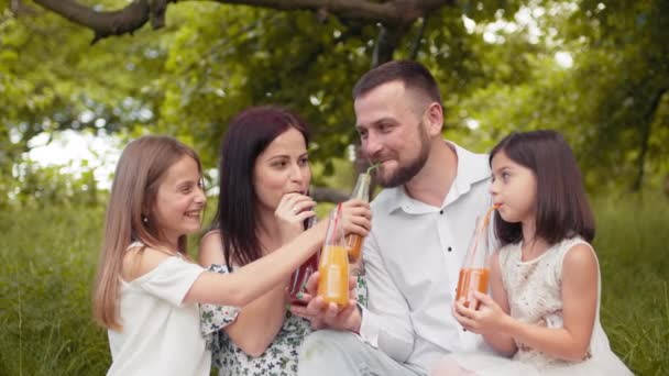 Портрет кавказьких батьків з двома милими доньками, які п'ють сік у скляній пляшці з різнокольорових соломин. Усміхнена сім'я весело проводить вільний час на природі. Сім'я з двома дітьми п'ють сік — стокове відео