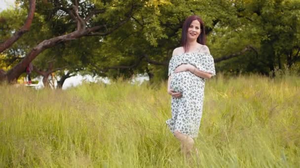 Pretty caucasian woman in summer dress caressing her pregnant belly while posing at green garden. Concept of expectation and healthy pregnancy. Charming pregnant woman in summer dress posing outdoors — Stock Video