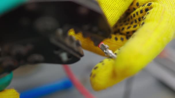 Trabajador técnico electricista con alicate pelacables prepara el cable eléctrico en el sistema eléctrico. Electricista instalando cables. Un electricista profesional elimina el aislamiento eléctrico — Vídeo de stock