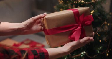 Bir insan, Noel ağacının önünde kırmızı kurdeleyle paketlenmiş bir hediye sunar. Noel Baba şapkası takan hamile bir kadın Noel hediyesini süslenmiş bir ağacın önünde açıyor.