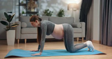 Spor giyimli hamile bir kadın oturma odasında yoga minderinde kedi-inek pozu veriyor, doğum öncesi uygunluğu ve esnekliği teşvik ediyor. Yoga yapan hamile kadın kedi pozu veriyor.